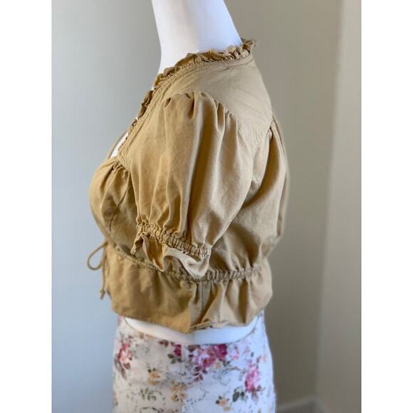 Free People Milkmaid Peasant Cropped Blouse Top XS Tan Brown Puff Short Sleeve - Picture 3 of 10